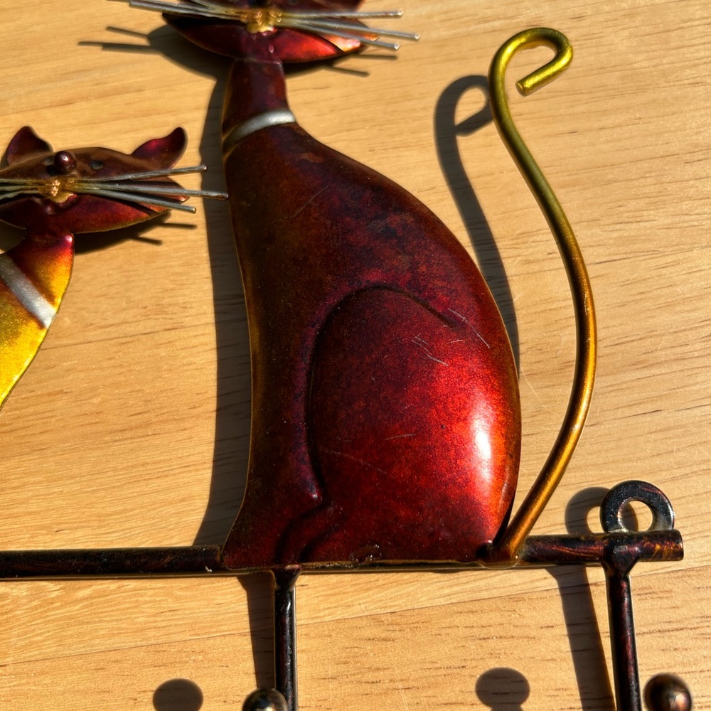 Cat Lover Metal Sculpture Wall Hook Hanger Art Deco 4 Hooks Kitty Feline Decor - Picture 4 of 7